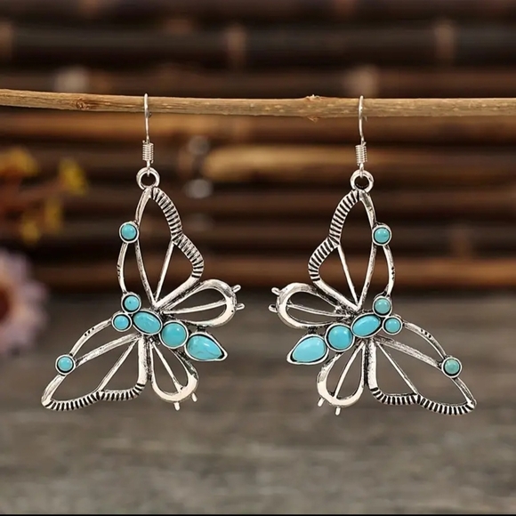 Fashion Jewelry Jewelry - Silver Butterfly Earrings with Turquoise Stones
